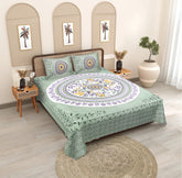 Mint Oasis Mandala Pure Cotton Double Bedsheet Set - Tranquil Green & Multi-Color Traditional Bedding